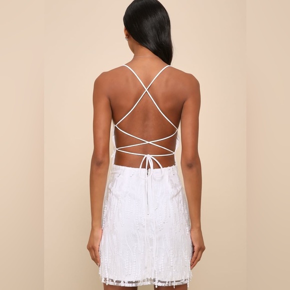 LULUS Making Magic White Fringe Lace-Up Mini  Dress Size XL NWT Party Cocktail - Picture 2 of 8